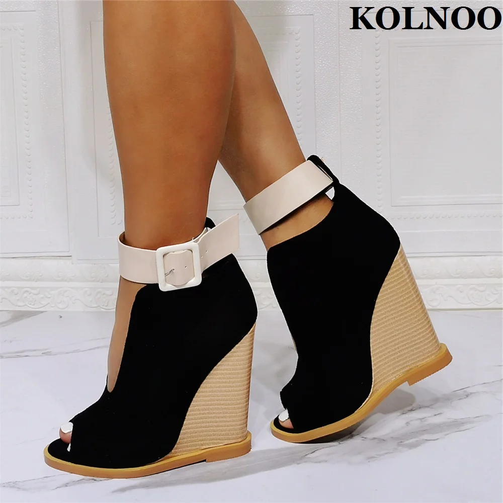 

Kolnoo New Euro Style Ladies Wedge Heel Pumps U-Designed Peep-Toe Patchwork Buckle Strap Sexy Shoes Evening Fashion Court Shoes