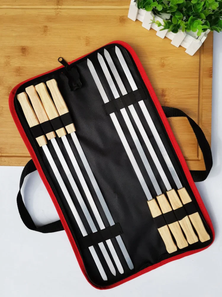 6-8PCS/Set Stainless Steel Wire BBQ Skewers Wood Handle Grill Roasting Sticks Outdoor Camping BBQ Tools Storage Bag Kit