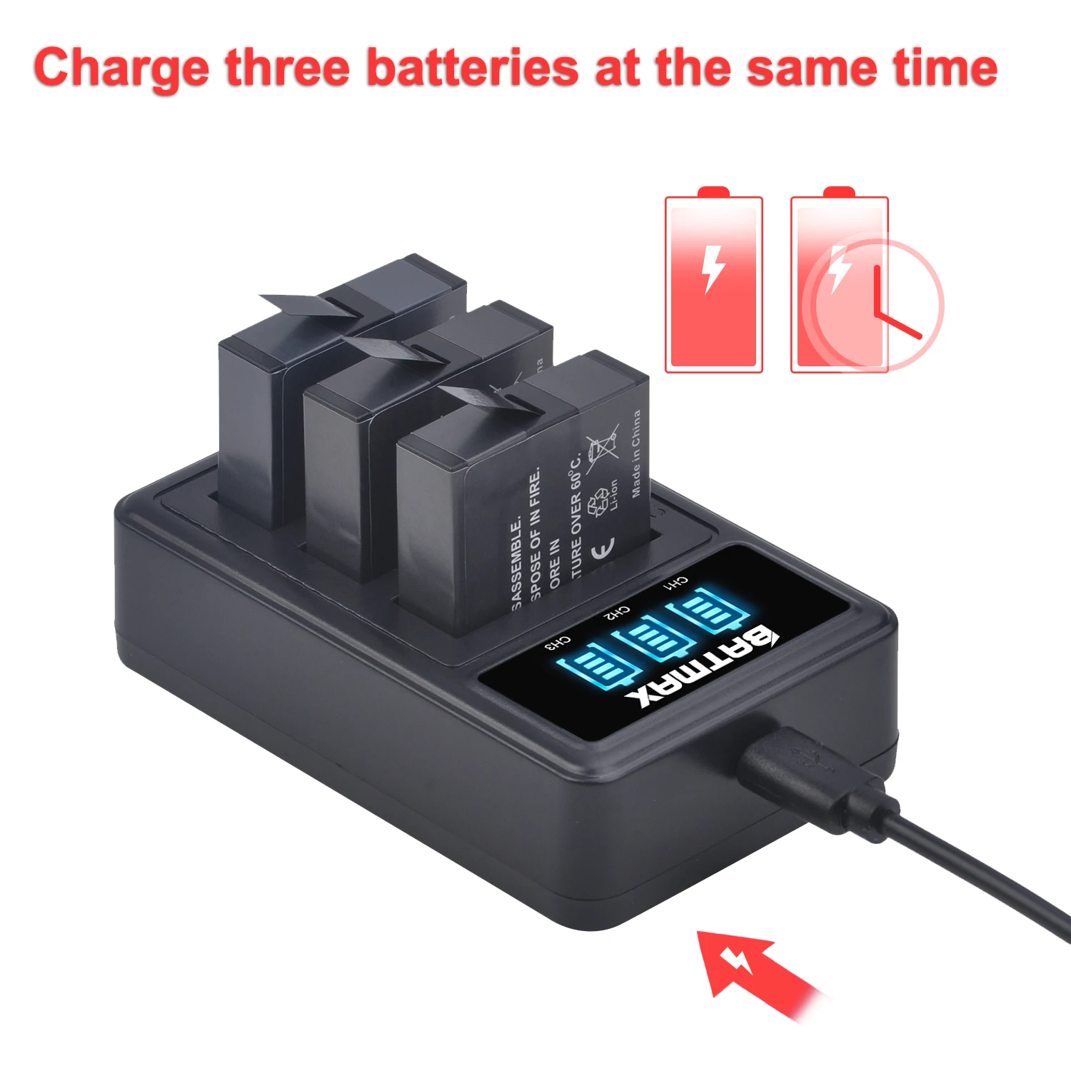 Batmax 1200mAh Insta360 One X Camera Battery IS360XB Replacement Battery + LED USB 3-Slots Charger Micro USB Charge Port rechargeable battery camera battery camera battery charger action camera battery