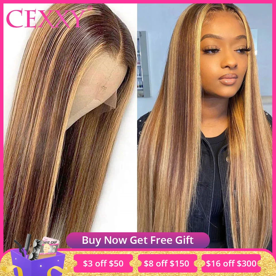 

Cexxy 13x4 Lace Front Human Hair Wigs For Women #4/27 Highlight Ombre Hair T Part Transparent Lace Wigs Honey Blonde 180%