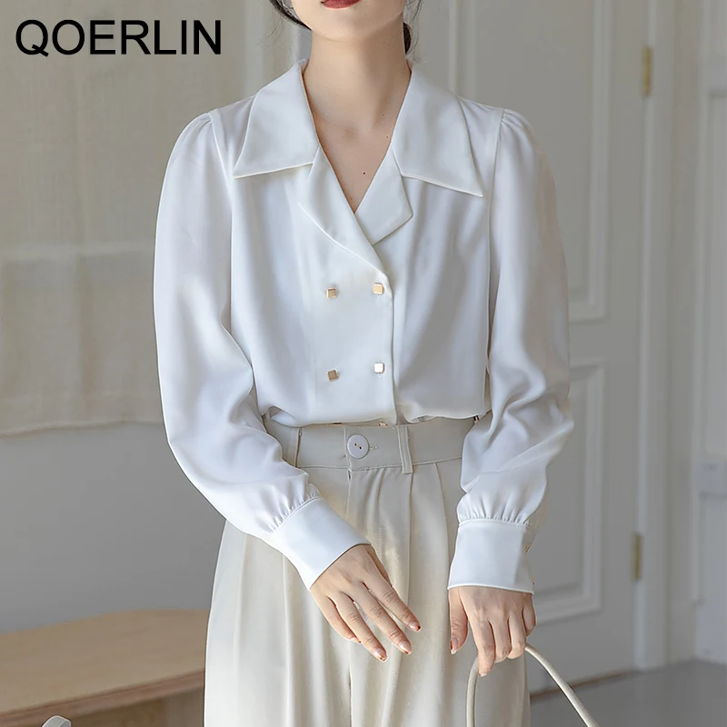 QOERLIN Women Notched Blouse Long Sleeve Loose White Shirt Double Breasted  Office Ladies Work Wear New Clothing Spring Autumn - AliExpress