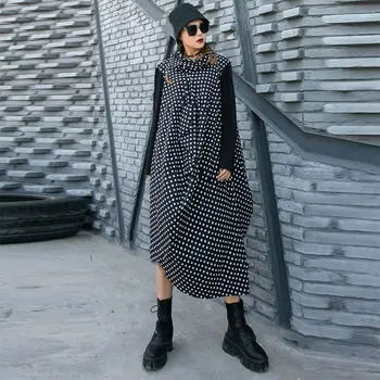 

Loose Irregular Patchwork Dot Pleated Dress Plus Size False Two Pieces Women Clothes 2020 Fashion Turtleneck Dresses ZLL4711