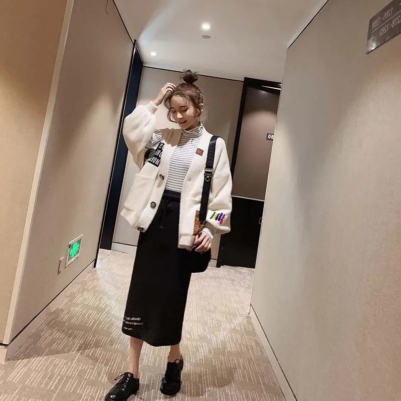 

Mink Cashmere Knitted Cardigan Sweater Coat Women's Autumn And Winter Versatile 2019 New Style Korean-style Loose-Fit Laziness-S