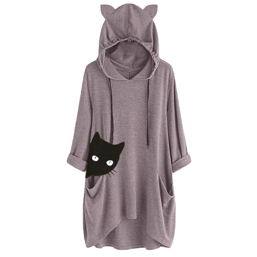 

Drawstring With Pockets Autumn Spring Cat Ears Women Hoodie Printed 3/4 Sleeve Daily Shopping Loose Cropped Fashion Casual