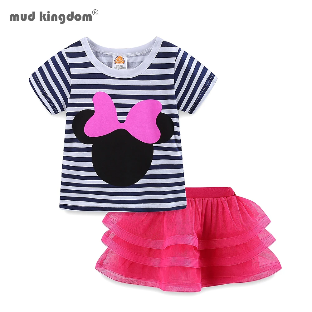 

Mudkingdom Girls Outfits Cartoon Striped T-Shirt Princess Net Yarn Summer Skirt Set