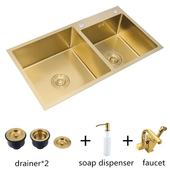 

Nano-coating Sinks Vegetable Washing 304Stainless Steel Kitchen Sinks Gold Double Bowl with tap Above Counter