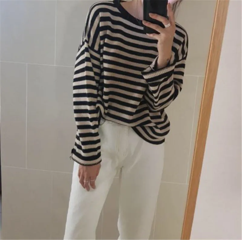 RUGOD korean chic new autumn sweater pullovers women o neck stripe pattern loose knitted sweater fashion female casual warm top