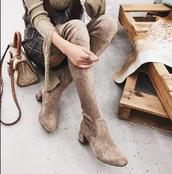 Женские сапоги из натуральной кожи; zapatos de mujer; Замшевые Сапоги выше колена из овечьей кожи; натуральный набор для ухода за обувью - Цвет: khaki suede 3cm