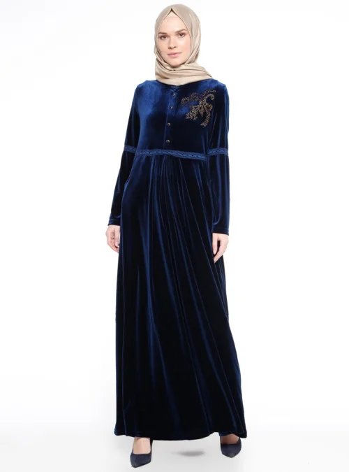 NAVY BLUE Элегантное мусульманское вельветовое платье абайя длинные халаты с бриллиантами кимоно Юба Рамадан Арабский Кафтан костюм Тобе Исламская одежда - Цвет: NAVY BLUE