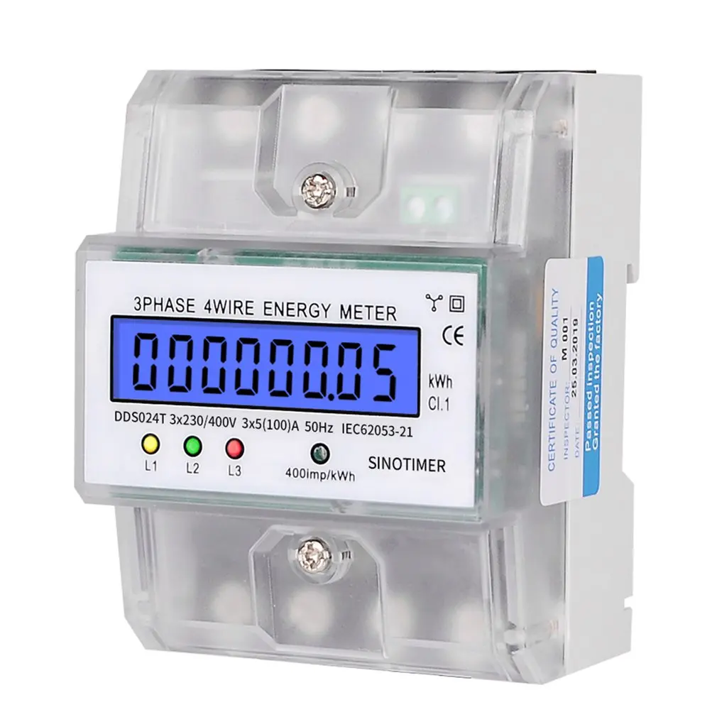 SINOTIMER Din Rail 380V 3 Phase 4P 4 Wire Electronic Watt Power Energy Meter LCD Backlight Display with Transparent Cover