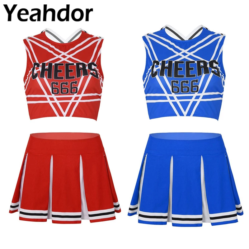 2Pcs Women Adult Charming Cheerleader Cosplay Dance Stage Costume Set Sleeveless Pentagram Back Crop Top with Mini Pleated Skirt