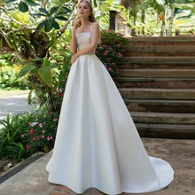 Simple Wedding Dresses Square Collar Spaghetti Straps Sleeveless Honorable Jersey Backless Beading Court Train Vestidos De Novia