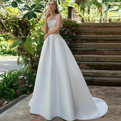 Simple Wedding Dresses Square Collar Spaghetti Straps Sleeveless Honorable Jersey Backless Beading Court Train Vestidos De Novia