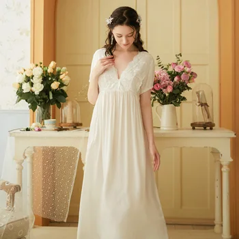 

Sexy Lace Elegant White Nightdress Cotton Short Sleeve V-neck Retro Sweet Princess Style Sleepwear Short Sleeve Women Nightgowns