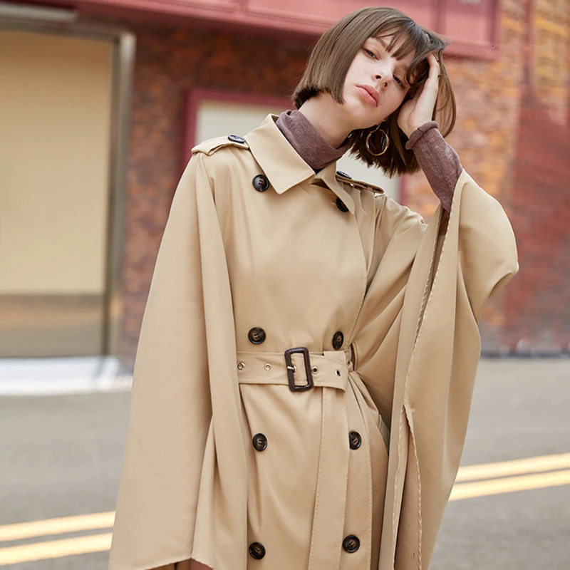 TWOTWINSTYLE Повседневный плащ-ветровка цвета хаки для женщин воротник с лацканами большой манжет Высокая талия с поясом женские тренчи модные