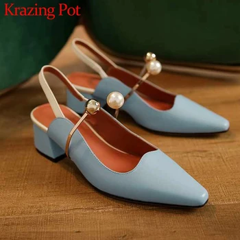 

Krazing pot new gorgeous pearl buckle straps genuine leather small square toe med heels solid fashion dating slingback pumps L13