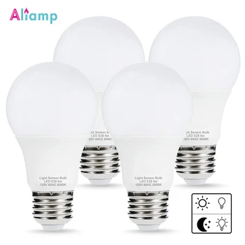 

E26 E27 Sensor LED Bulb Porch Light Dusk to Dawn A19 6W Daylight 5000K Color Smart Indoor Outdoor Lamp Garage Hallway 4Pack