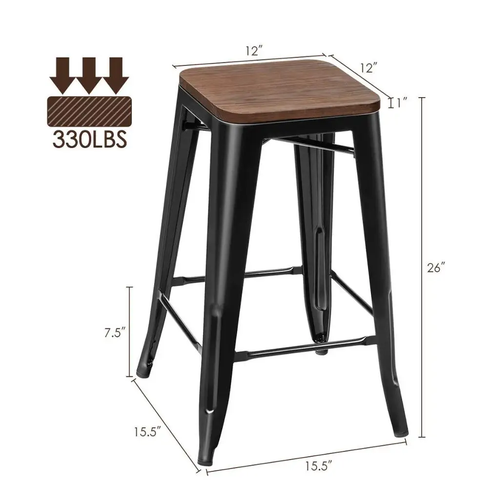 US $125.99 Set of 4 Counter Height Backless Barstool 26 Metal Stackable Stool wWood Seat HW66692BK4