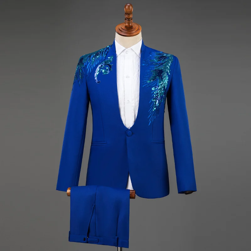 Королевский синий свадебный костюм с цветами и блестками для мужчин, смокинг, сценический мужской костюм, модные вечерние мужские костюмы с брюками Homme