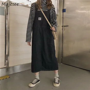 

Dress Women Denim Black A-line Mid-calf Casual Pockets Kawaii Student Loose Sleeveless Womens Korean Style Harajuku Strap Chic