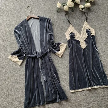 

Twinset Robe Set For Young Lady 2PCS Casual Velour Kimono Gown Sleepwear Lace Sexy Home Dressing Gown Lounge Intimate Lingerie