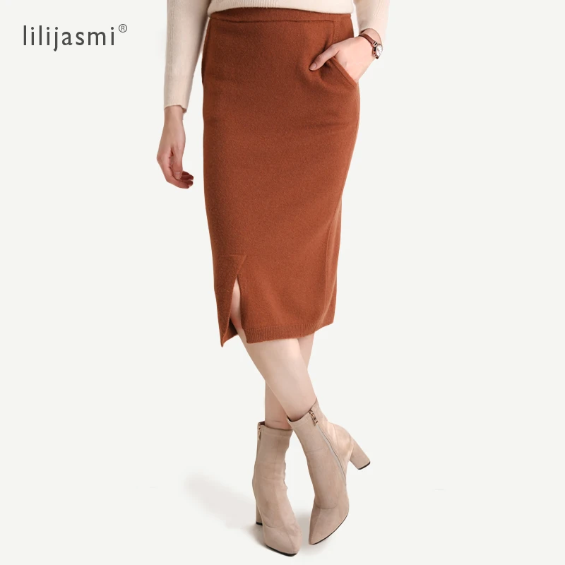 

Women's 100% Cashmere Knit Skirt Pocket Knee Length Front Slit Sexy Skirt 4 Colors All Match Cashmere Soft Cozy Skirts