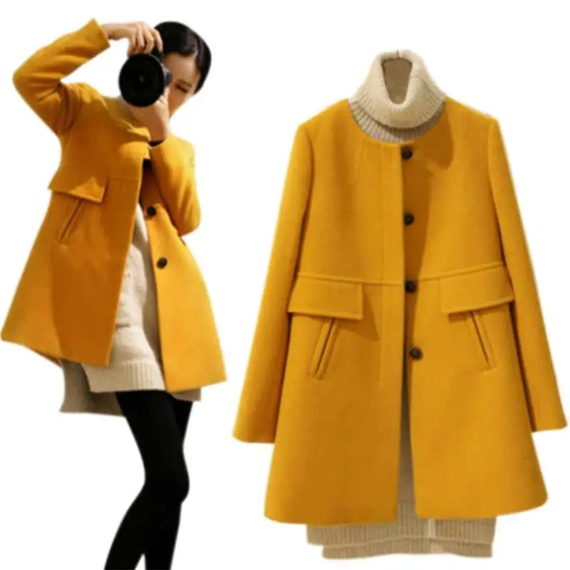 Женское шерстяное зимнее теплое пальто размера плюс, однотонное пальто а-образной формы, пальто с длинным рукавом, женская верхняя одежда