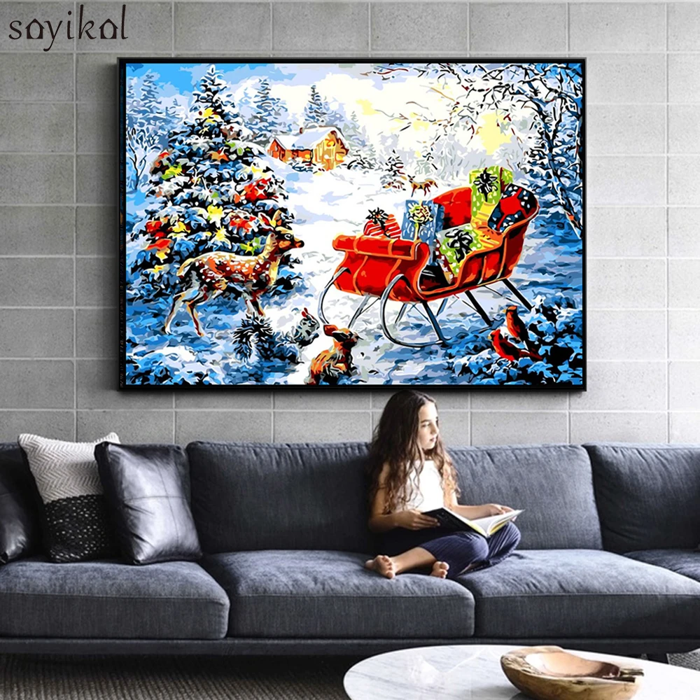 Painting By Numbers Framed Santa Claus Picture DIY Paint On Canvas Hand Paint By Number for Kids Drawing Christmas Painting Gift