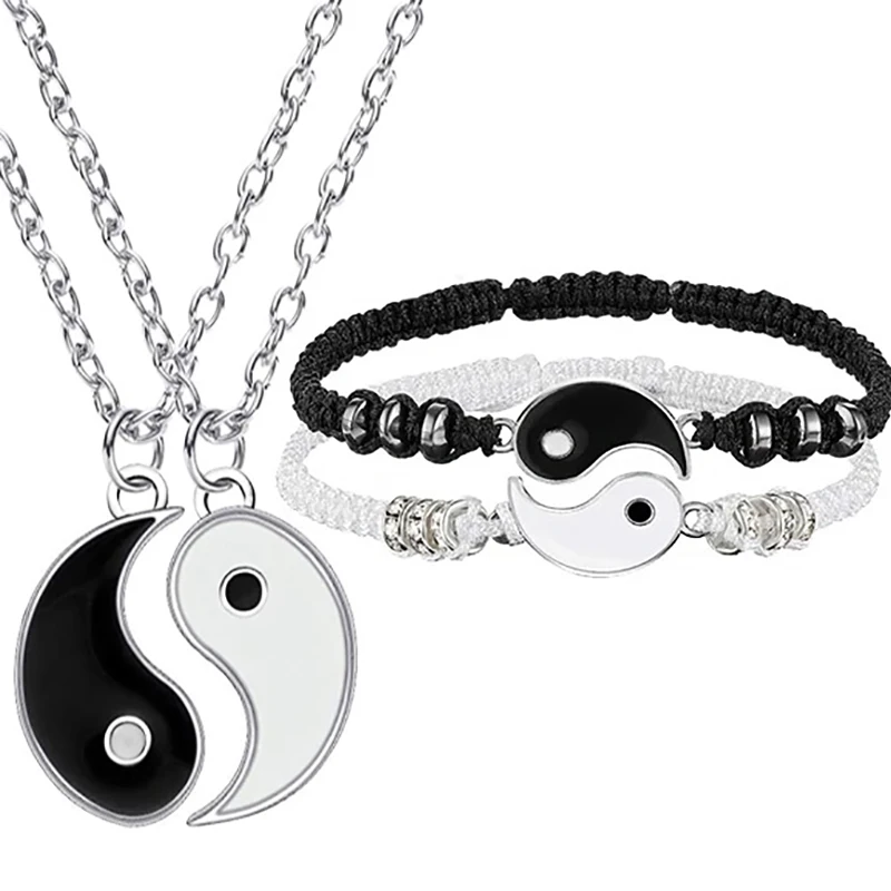 Tai Chi Yin Yang Couple Bracelets Necklaces Set Alloy Pendant Adjustable Braid Chain Bracelet Matching Lover | Украшения и