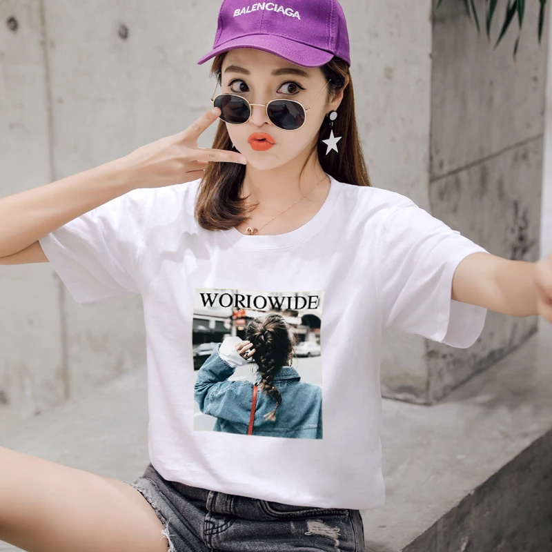 Новинка, женская летняя футболка с коротким рукавом, хлопковые футболки Harajuku, футболка с принтом, топ, футболки, модная повседневная черная футболка - Цвет: Color65