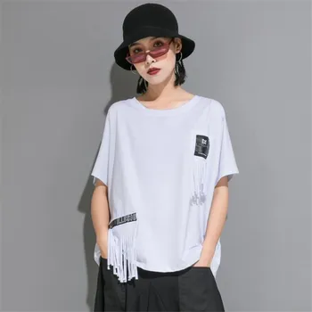 

Hong Kong style summer women's brand design short-sleeved new irregular asymmetric tassel T-shirt women's Camiseta Mujer Top