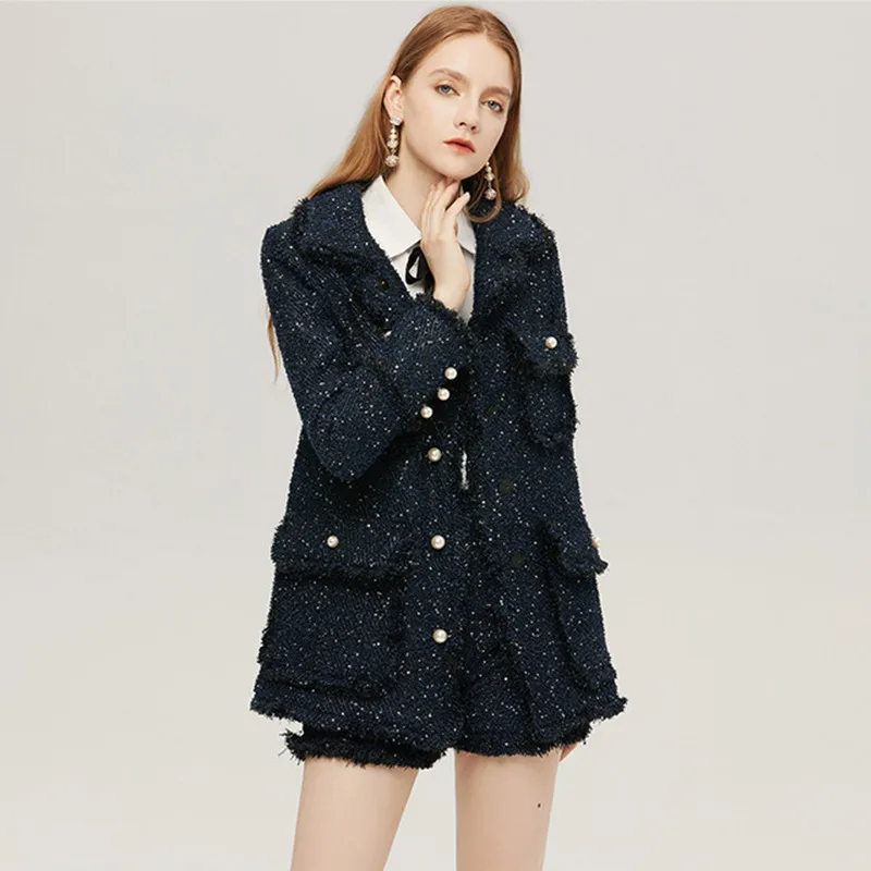 

2019 New Fashion Autumn Winter Tweed Jacket Runway Luxury Brand Pocket Beads Designer Overcoat Fringe Long Coat Female Outerwear