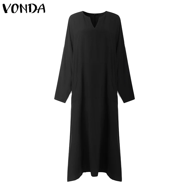 Женское осеннее Открытое платье VONDA, винтажное богемное одноцветное платье с длинным рукавом, женское Платье Макси