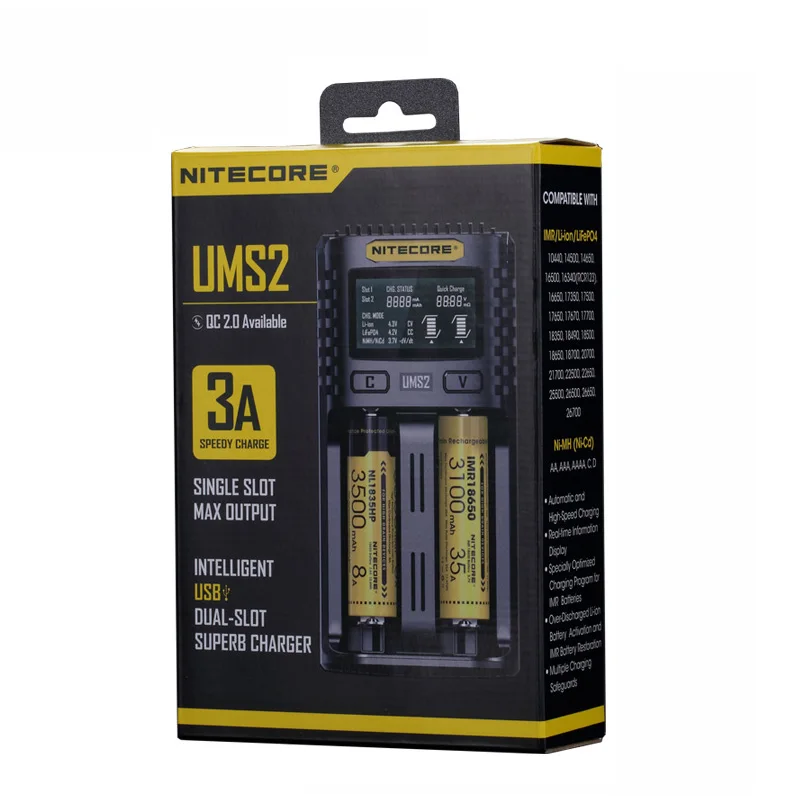 Интеллектуальное зарядное устройство NITECORE UMS2 с двумя слотами USB 3A быстрое OLED