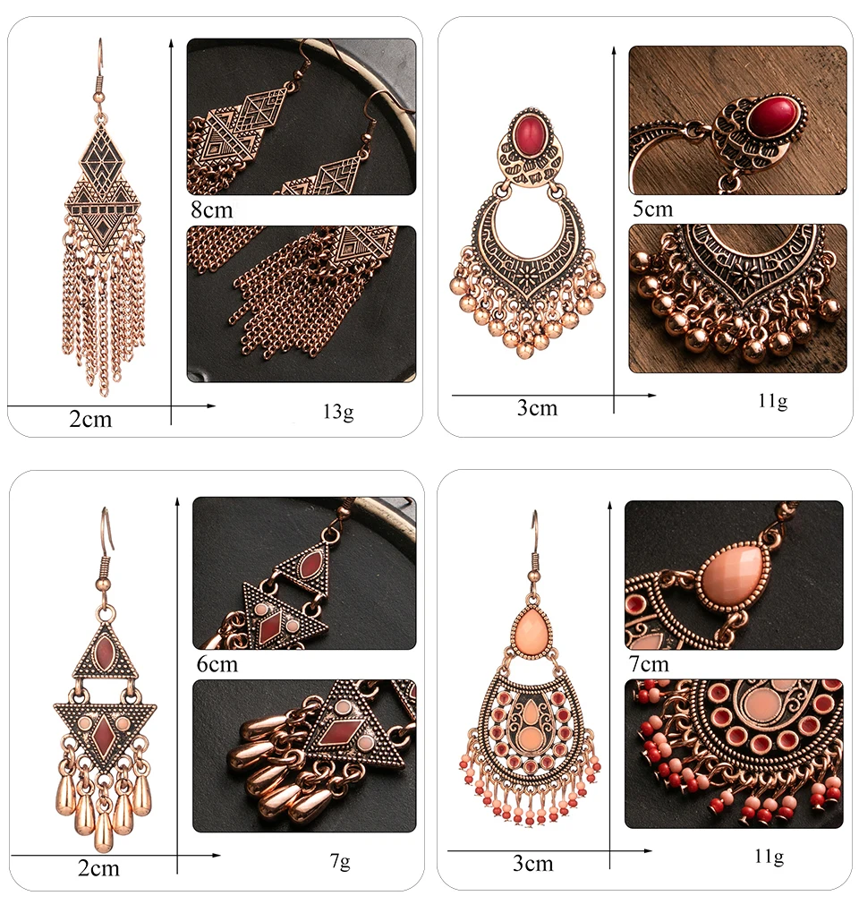 Bohemia Rose Gold Tassel Fringe Drop Earrings for Women Vintage Ethnic Natural Stones Round Geometric Earrings Female Jewelry (1390)