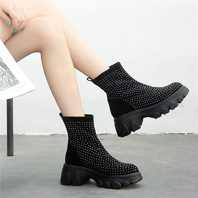 Ceny RASMEUP damskie buty zimowe Rhinestone kobiety platforma Boot 2019 moda Stretch ciepłe gruba podeszwa panie Chunky buty Big Size