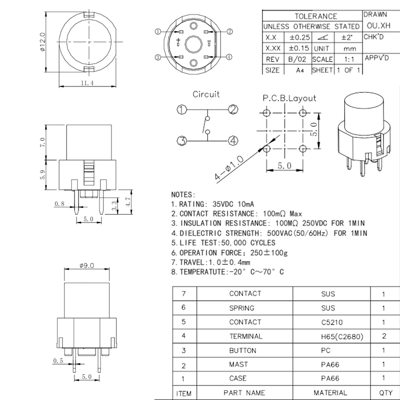 PS-536-2 Reset coffee machine accessories key switch 4-pin sound crisp copper feet imported in various colors