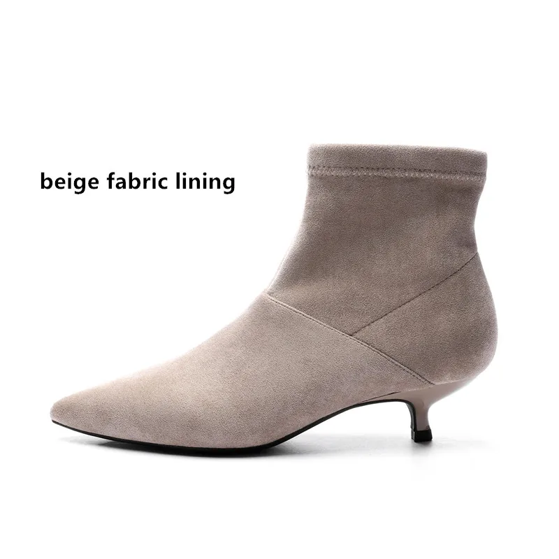 beige fabric2 Женские ботинки г. Зимние однотонные ботинки без шнуровки из флока на невысоком каблуке 3,5 см, с острым носком, резиновые пикантные модельные ботинки размера плюс - Цвет: beige fabric2