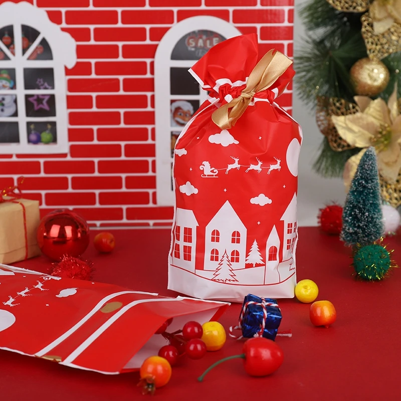 Merry Christmas Candy Bag Drawstring Bags Silk Ribbon For Birthday Wedding Party Decora Kids Gift Wrapping Supplies