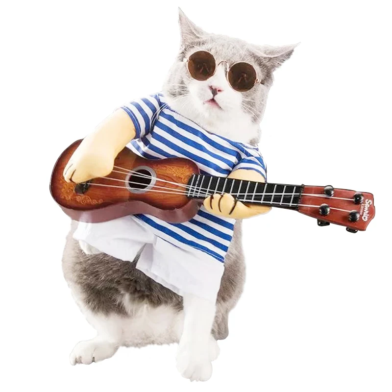 

Cat Clothes Christmas Halloween Dog Costume Funny Explosive Head Guitar Player Pet Party Cosplay Special Events Apparel Outfit
