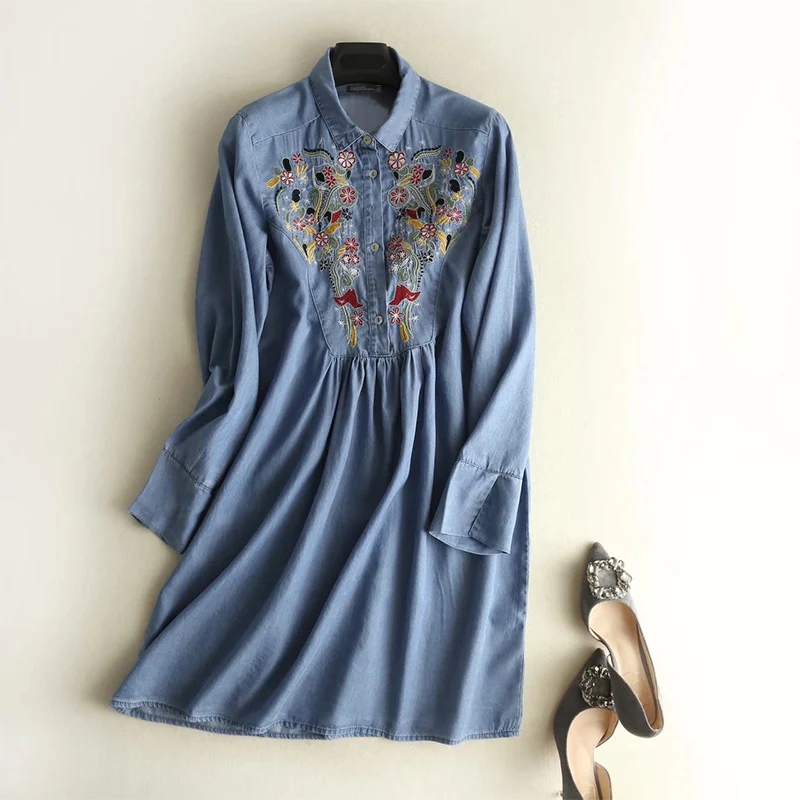 Light Blue ZANZEA, женские джинсовые рубашки с отложным воротником и длинным рукавом, блузка с цветочной вышивкой, свободные длинные топы размера плюс, женские блузки - Цвет: Light Blue