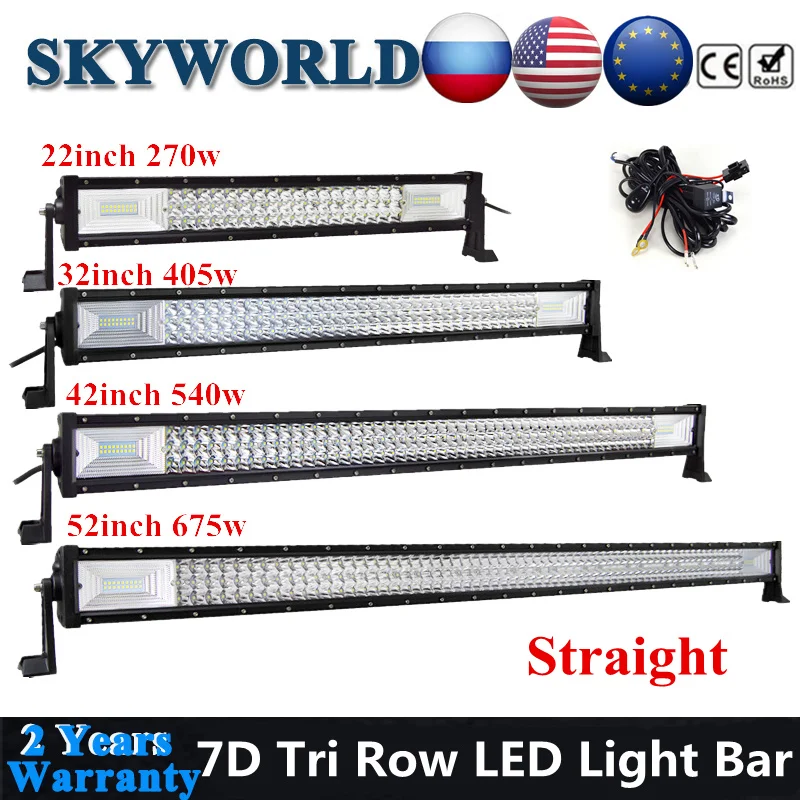 SKYWORLD прямые 7D Tri ряд Светодиодный Бар Offroad 22 32 42 52 дюймов комбинированного луча