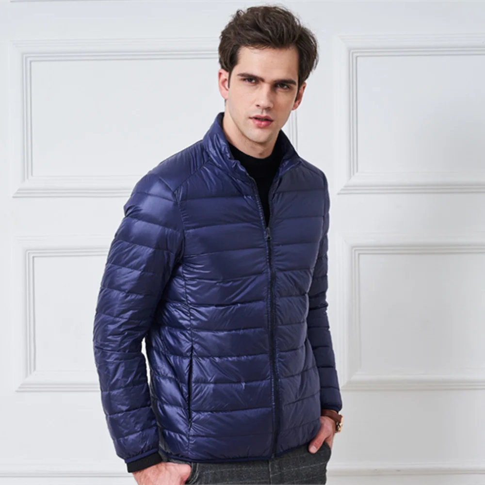 Dark Blue Осенне-зимние мужские куртки с длинным рукавом и капюшоном, ультра-тонкие легкие Молодежные тонкие пальто, мужские повседневные водонепроницаемые теплые парки - Цвет: Dark Blue