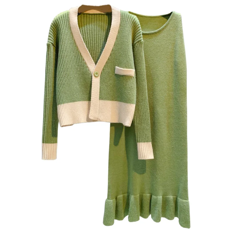 Зимний вязаный женский комплект из двух частей зеленый карман свитер кардиганы и оборки платья Офисное элегантное женское платье костюмы