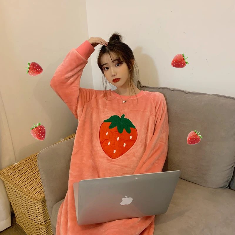 Orange Pink Ночное платье для женщин, одежда для сна с вишневым принтом, длинная ночная рубашка для женщин, домашняя одежда, зимняя утолщенная ночная рубашка с длинным рукавом - Цвет: Orange Pink