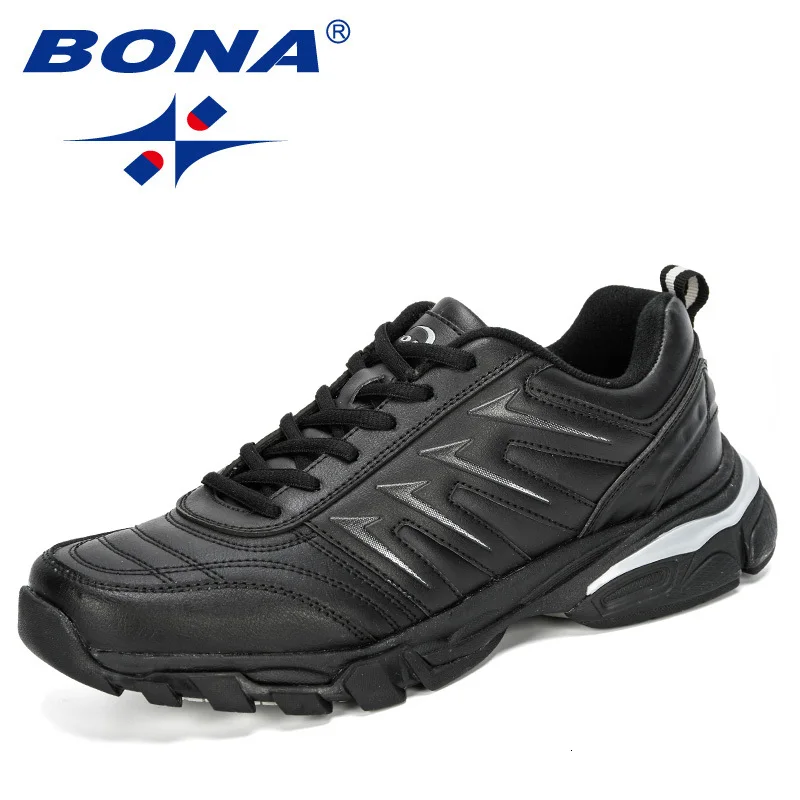 BONA New Running Shoes for Men Athletic Trainers Zapatillas Waterproof Leather Sports Shoes Men Outdoor Walking Sneakers Comfy - Цвет: Black