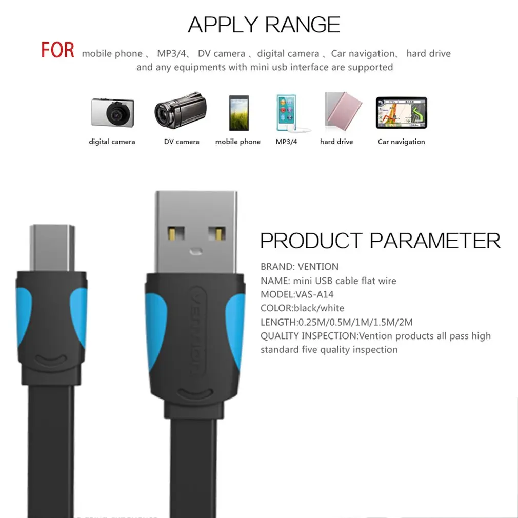 VENTION Дата-кабель USB 2,0 штекер к Мини USB кабель синхронизации заряднеое устройство для MP3 MP4 камеры мобильного телефона высокоскоростной плоский кабель