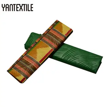

YANTEXTILE Green Ankara African Wax Print Fabric Ghana Kente 2 Yards With Embossing African Ankara Fabrics Plain Dyeing 2 Yards