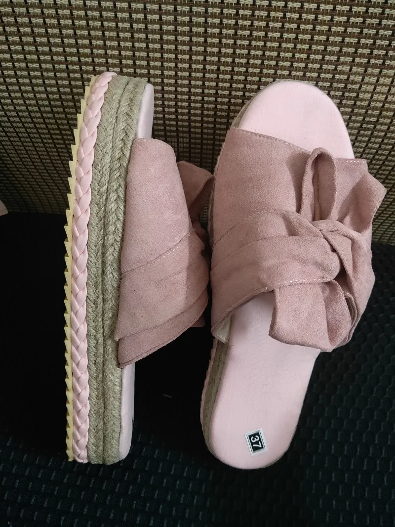 pink Женские эспадрильи на плоской подошве; Модные женские сандалии на платформе с бантом; летние пляжные сандалии с открытым носком; большие размеры; zapatos de mujer - Цвет: pink