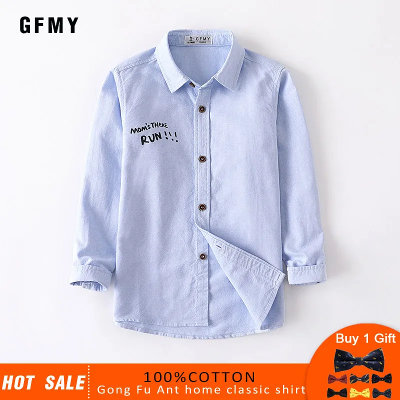 blue GFMY/ Осень из ткани "Оксфорд" хлопок длинный рукав сплошной Цвет голубого цвета для мальчиков белая рубашка От 3 до 14 лет Детское Повседневное школьная одежда 9005 - Цвет: blue